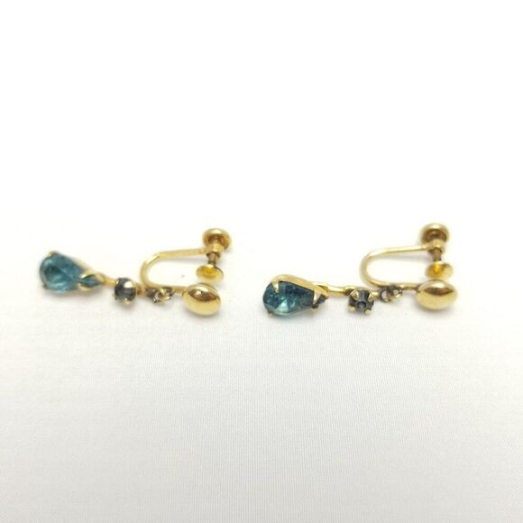 Vintage Yellow Gold Filled Blue Rhinestone Dangle Clip On Screw Back Earrings - Picture 2 of 6